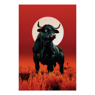Poster Fureur de Minuit – Majestueux Taureau Noir sous le