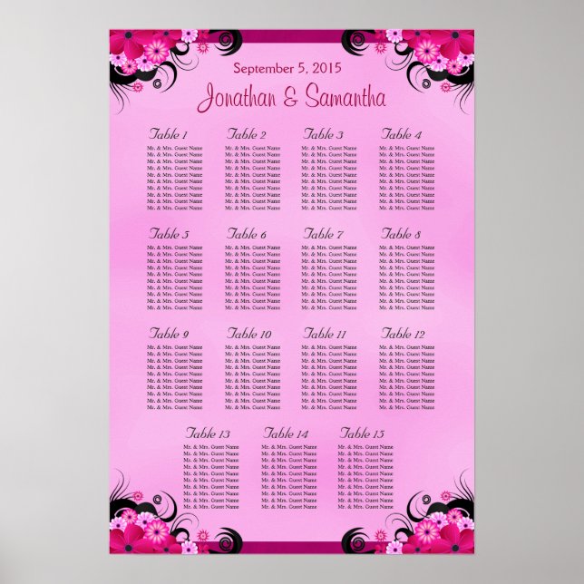 Poster Fuschia Mariage 15 Cartes de siège de table (Devant)