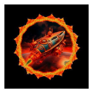 Poster Fusée lunaire rétro steampunk