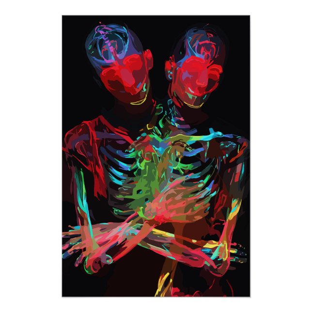 Poster Fusion d'art avec étreinte de squelette néon (Devant)