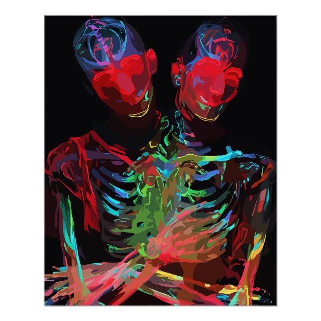 Poster Fusion d'art avec l'étreinte de squelette néon (Devant)