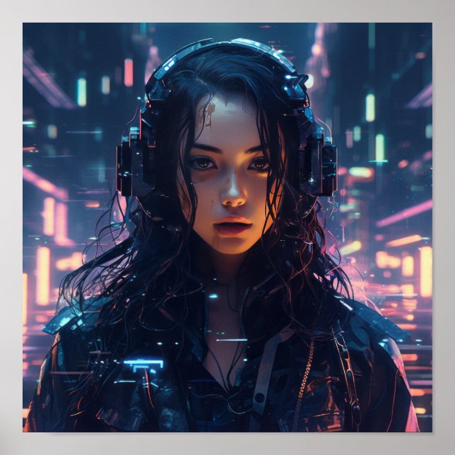 Poster Futuriste Cyberpunk Glitched Hologrammes -  (Devant)