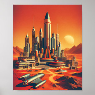 Poster Futuriste Martian City Style Mid-Century