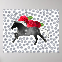 Galaxy Horse noir blanc Nebula Roses et diamants