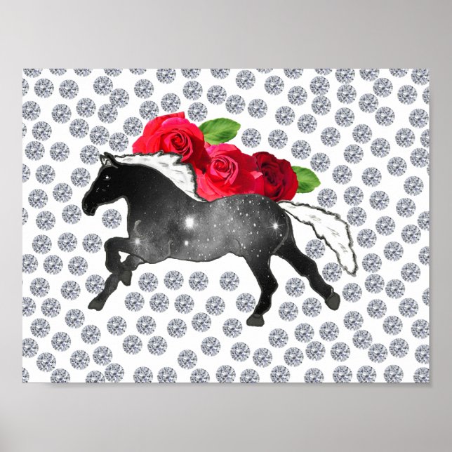 Poster Galaxy Horse noir blanc Nebula Roses et diamants (Devant)