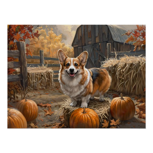 Poster Gallois Corgi Autumn Citrouille Farm (Devant)