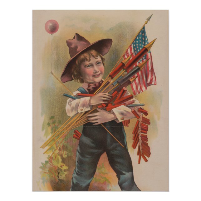 Poster Garçon avec Feux d'Artifice, Drapeau Américain, Im (Devant)