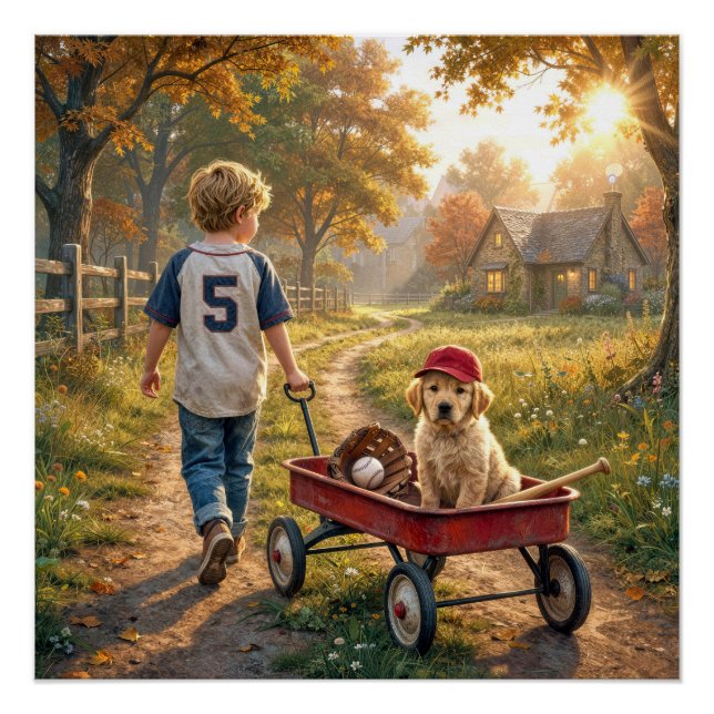 Poster Garçon avec wagon rouge et chiot retriever doré (Devant)