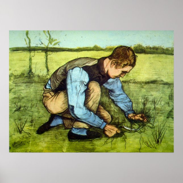 Poster Garçon coupant de l'herbe avec une faucille par Vi (Devant)
