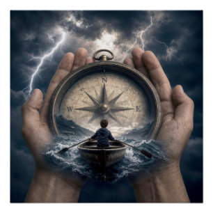 Poster Garçon dans un bateau à rames guidé par une bousso