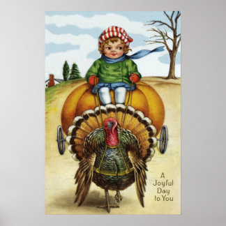 Poster Garçon de dinde de Thanksgiving chevauchant une ci