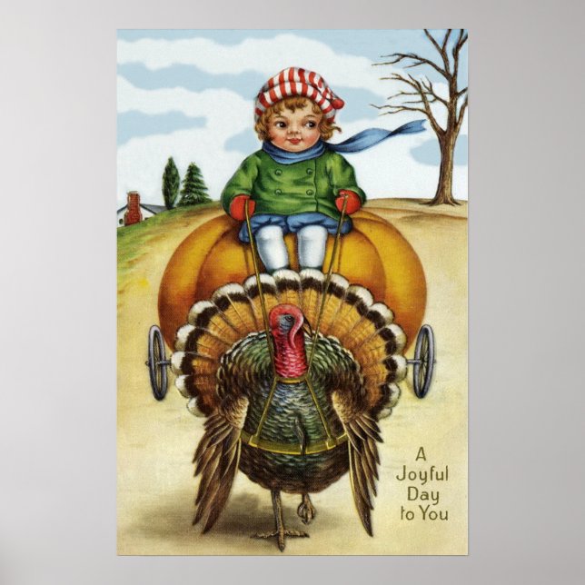 Poster Garçon de dinde de Thanksgiving chevauchant une ci (Devant)