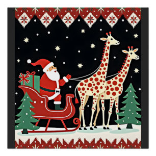 Poster Garçons Filles Père Noël Chevauchant Traîneau Gira