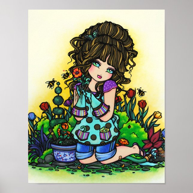 Poster Garden Girl Bumblebee Tulip Art par Hannah Lynn (Devant)
