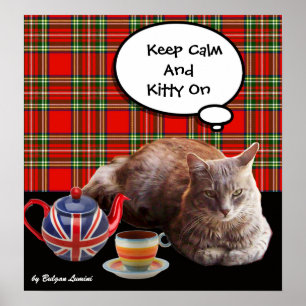 POSTER "GARDEZ CALME ET CHATON À L'AFFÛT" ,TARTAN ROUGE,F