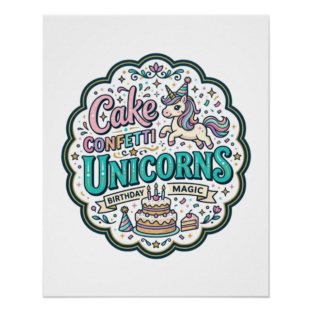 Poster Gâteau de Licorne Confettis Licornes POD Prêt POD  (Devant)