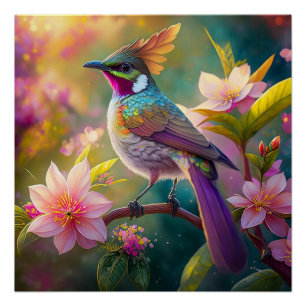 Poster Geai arc-en-ciel à crête orange, oiseau de fantais