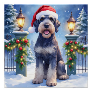 Poster Géant Schnauzer Clôture de fer enneigée Père Noël 