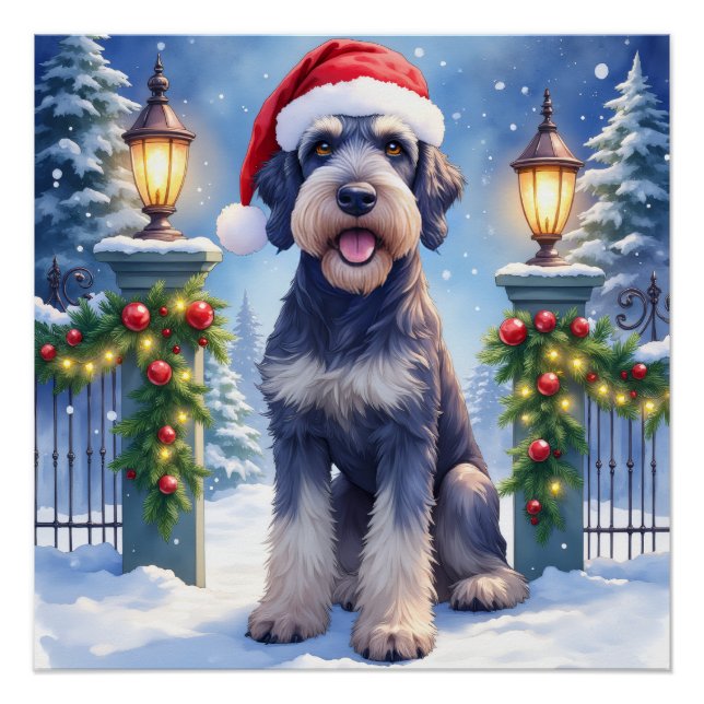 Poster Géant Schnauzer Clôture de fer enneigée Père Noël  (Devant)