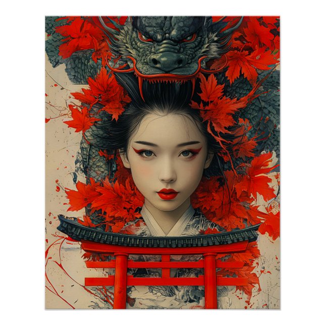 Poster Geisha & Dragon - Art Japonais (Devant)