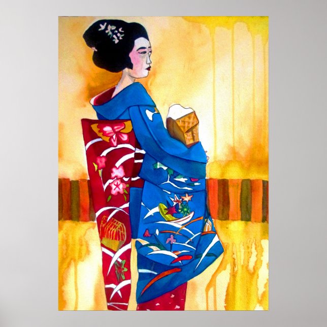 Poster Geisha japonais avec kimono bleu art original (Devant)