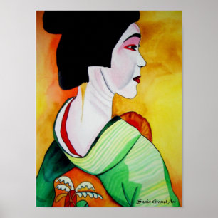 Poster Geisha japonais avec kimono vert art original