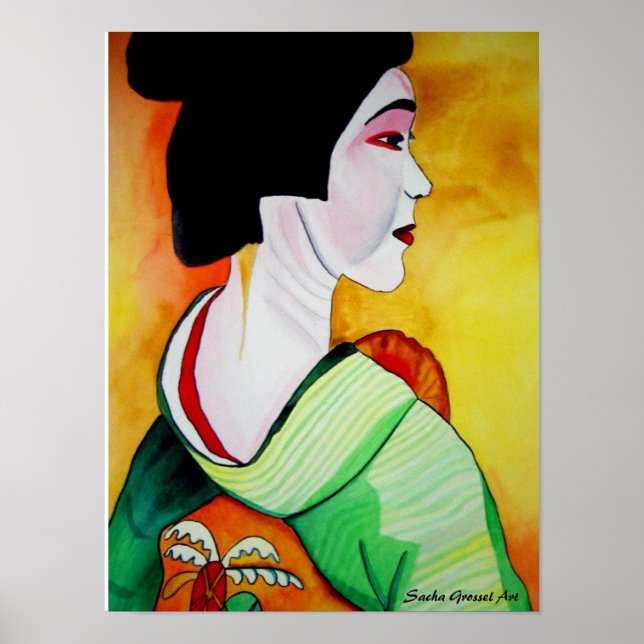 Poster Geisha japonais avec kimono vert art original (Devant)