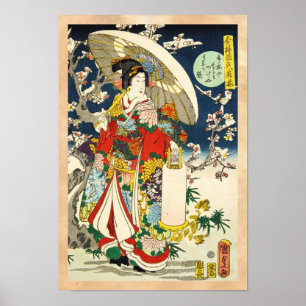 Poster Géisha ukiyo-e vintage classique avec parapluie