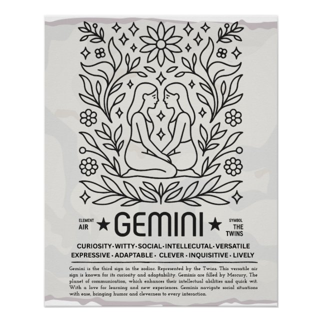 Poster Gemini Zodiac Art Vintage Imprimer - Botanical Fol (Devant)