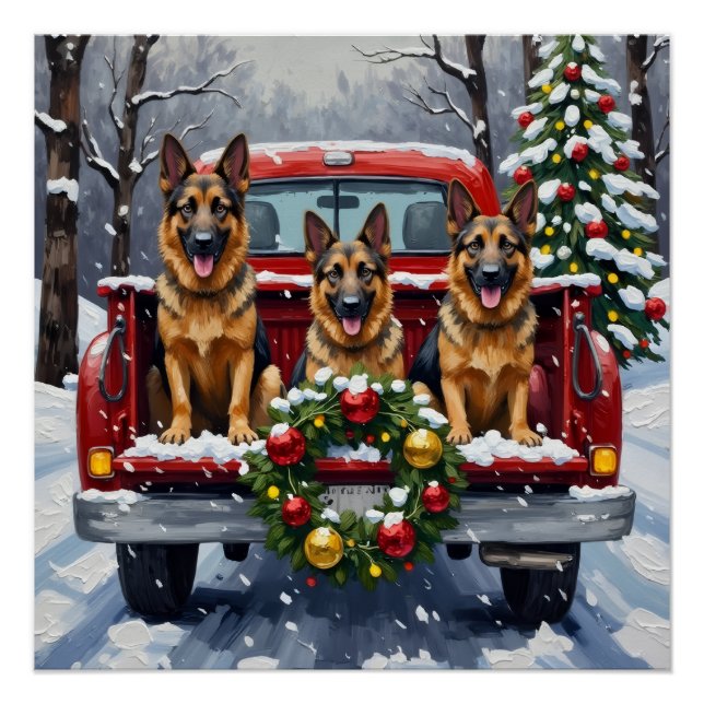Poster German Shepherd Christmas Red Truck Holiday (Devant)