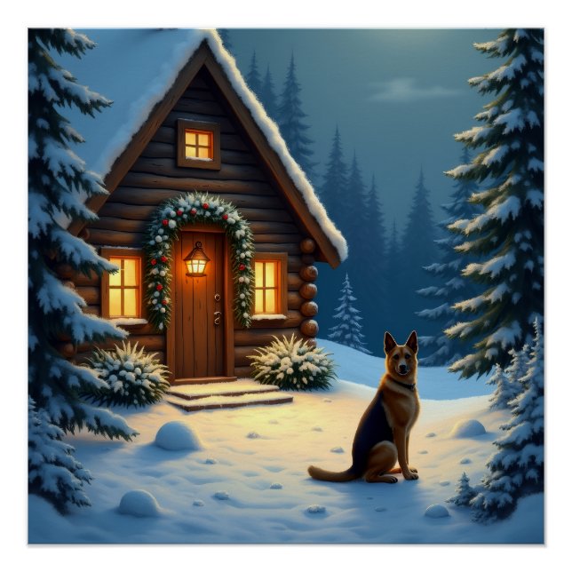 Poster German Shepherd Snowy Forest Cabin Christmas Paint (Devant)