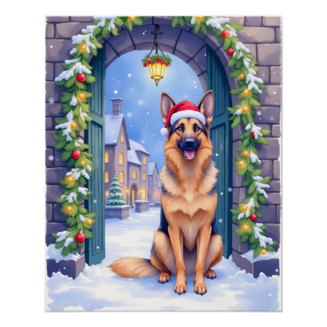 Poster German Shepherd Snowy Town Gate Santa Christmas (Devant)