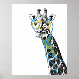 Poster Ggirafe cool et tendance avec lunettes, écouteurs