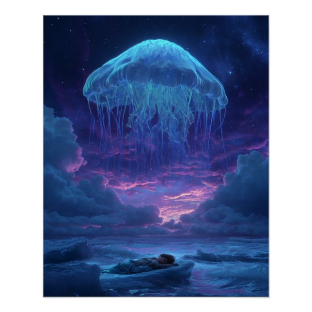 Poster Giant Luminous Jellyfish Over Dream Ocean (Devant)