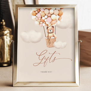 Poster Gifts Table Sign Brown Bear Pink Balloon Girl Baby