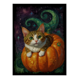 Poster Gingembre d'Halloween et chaton blanc équitation u