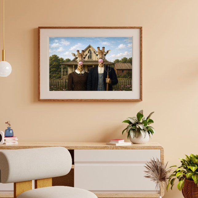 Poster Girafe American Gothic soufflant du bubble gum ros (Créateur téléchargé)