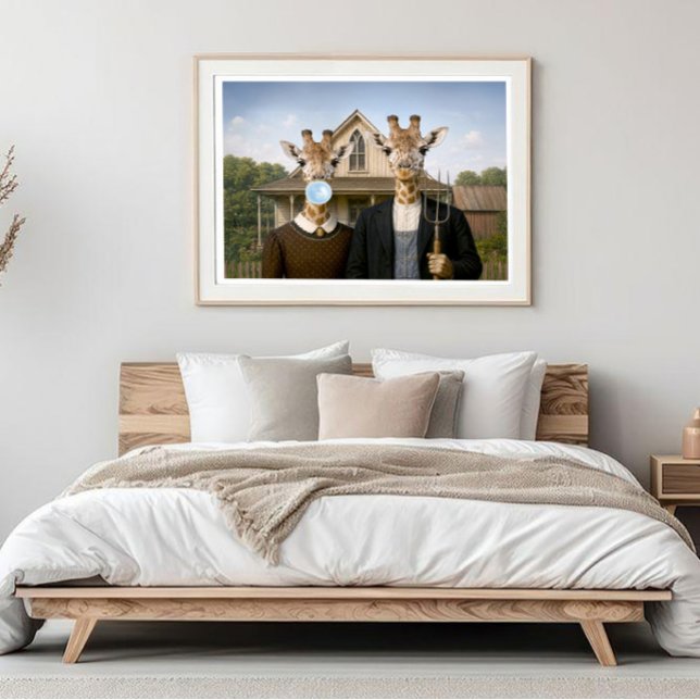 Poster Girafe American Gothic soufflant un bubble gum ble (Créateur téléchargé)