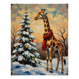 Poster Girafe de Noël vintage dans la savane enneigée