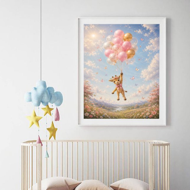 Poster Girafe fleurs roses ballons flottants  (Créateur téléchargé)