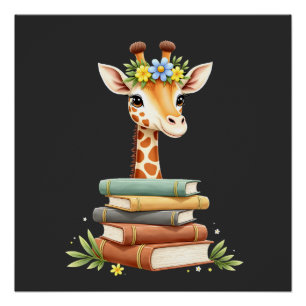 Poster Girafe Mignonne Avec Livre Floral Bibliophile Bibl