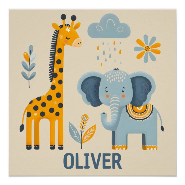 Poster Girafe mignonne et éléphant, amis de safari (Devant)