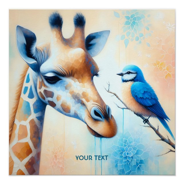 Poster Girafe Oiseau Bleu Fantastique Mignon (Devant)