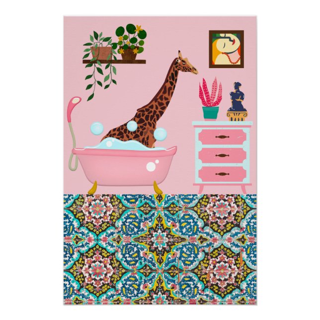 Poster Giraffe de bain rose art mur Imprimer (Devant)