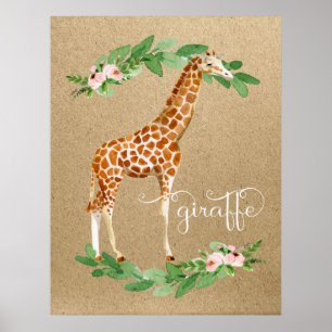 Poster Giraffe Safari rose Floral Girl's Nursery Art