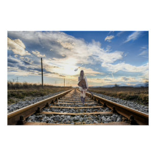 Poster Girl With Guitar on Railroad Tracks