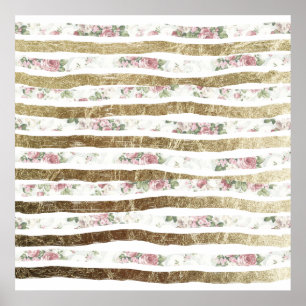 Poster Girly Pink Roses and Faux Gold Brushstrokes