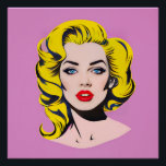 Poster Glamour pop art<br><div class="desc">Cette image représente un portrait féminin dans le style pop art caractéristique, avec un fond rose vif uniforme. Le sujet présente des cheveux jaune éclatant avec des contours noirs stylisés, créant un effet graphique saisissant. Son maquillage est dramatique, avec des lèvres d'un rouge brillant, des yeux bleus intenses soulignés de...</div>