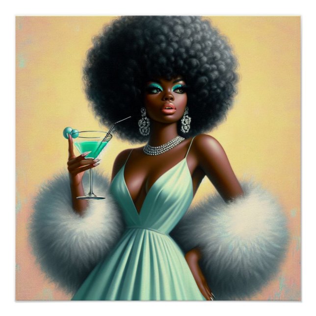 Poster Glamour vintage : Vert Mint Afro Blanc (Devant)