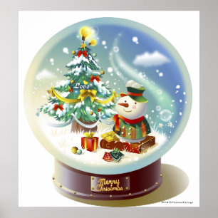 Poster Globe de neige avec bonhomme de neige et arbre de